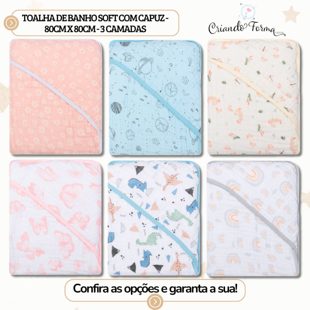Toalha de Banho Soft com Capuz - 3 Camadas de Fralda - Tecido 100% Algodão - 80cm x 80cm