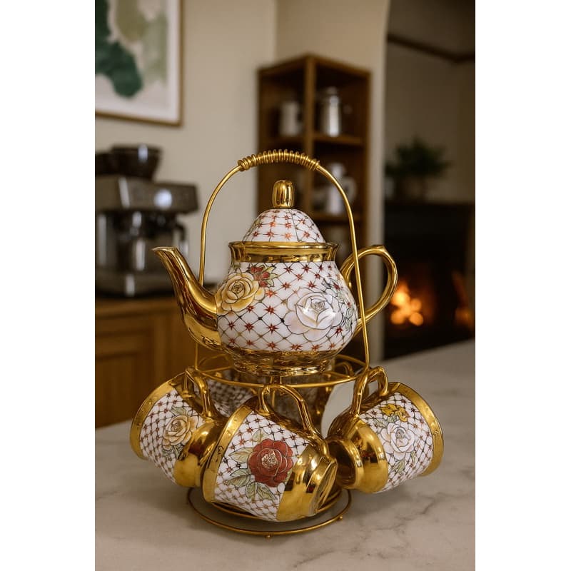 Bule com Suporte e Conjunto de Xícaras com Pires 13 Peças – Luxo Chá e Café