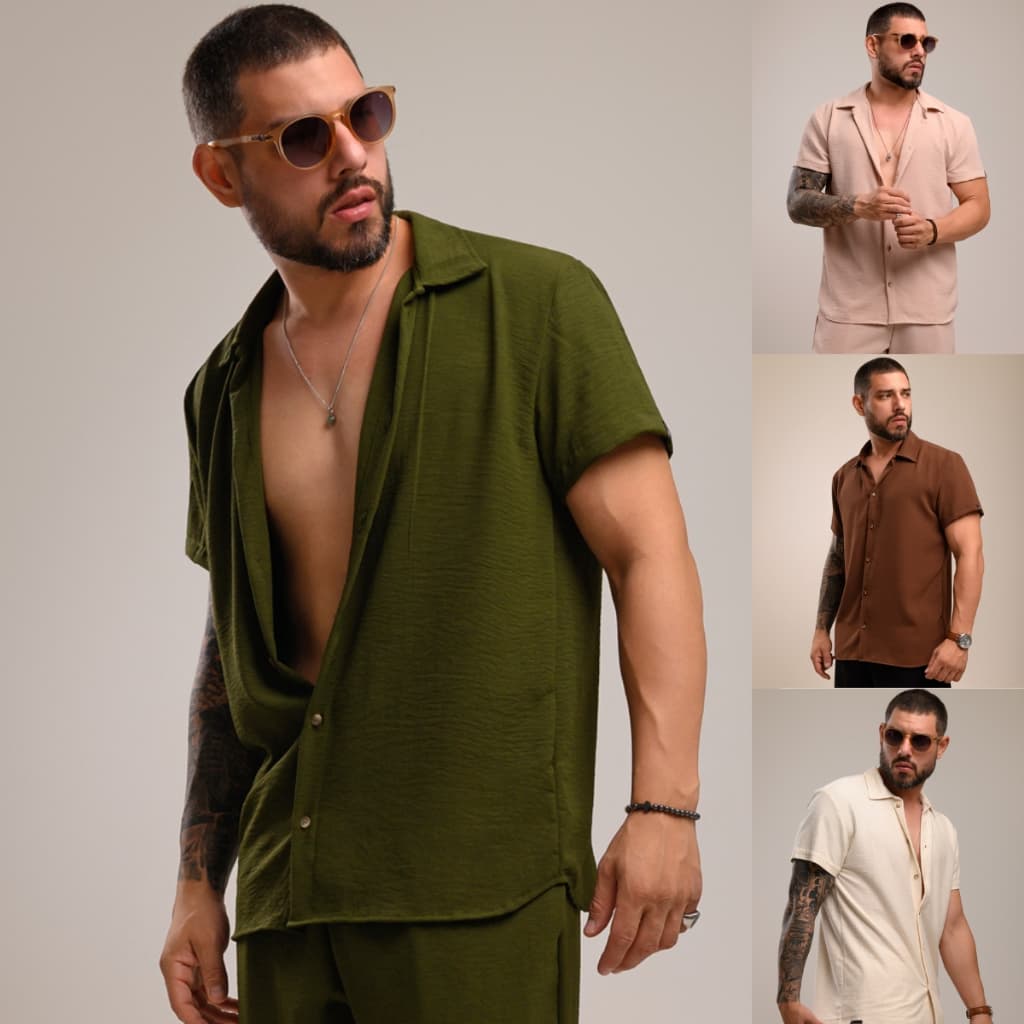 Camisa Verão Masculina Com Botão Manga Curta Textura Viscolinho Alta Qualidade Praia