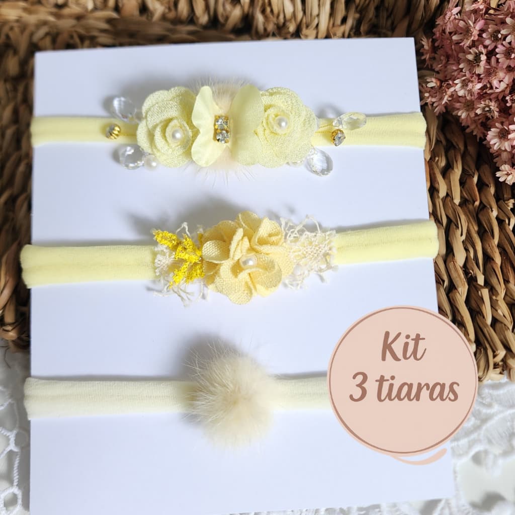 Kit  3 Tiaras na faixa de meia  com flores /AMARELO BEBEl  /maternidade/ flor/lacinho /laço