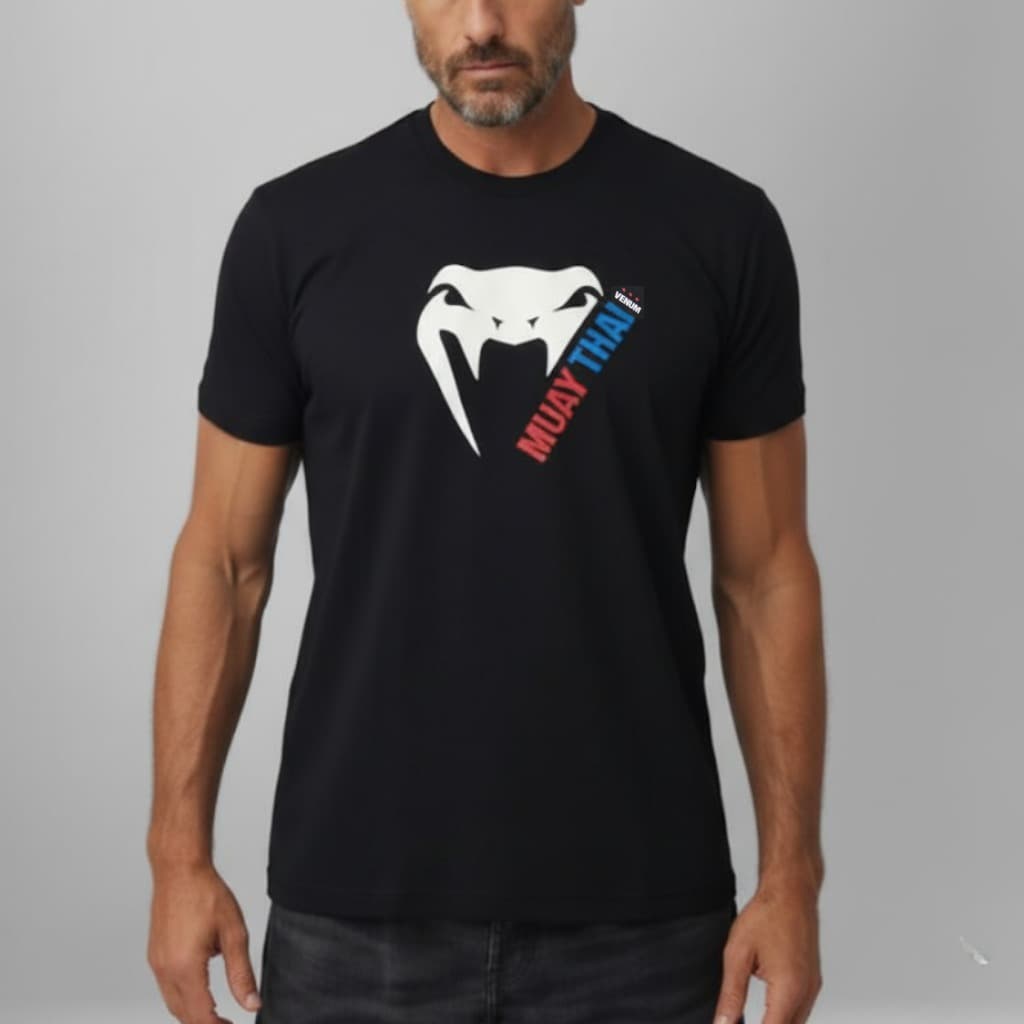 Camiseta Básica Venum Muay Thai 100% Algodão Manga Curta Treinos Academia Black Estampa Venum