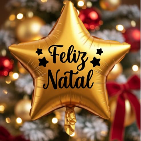Adesivo Vinil 10x7 cm “Feliz Natal” com Estrelas – Para Balão 10”metalizado