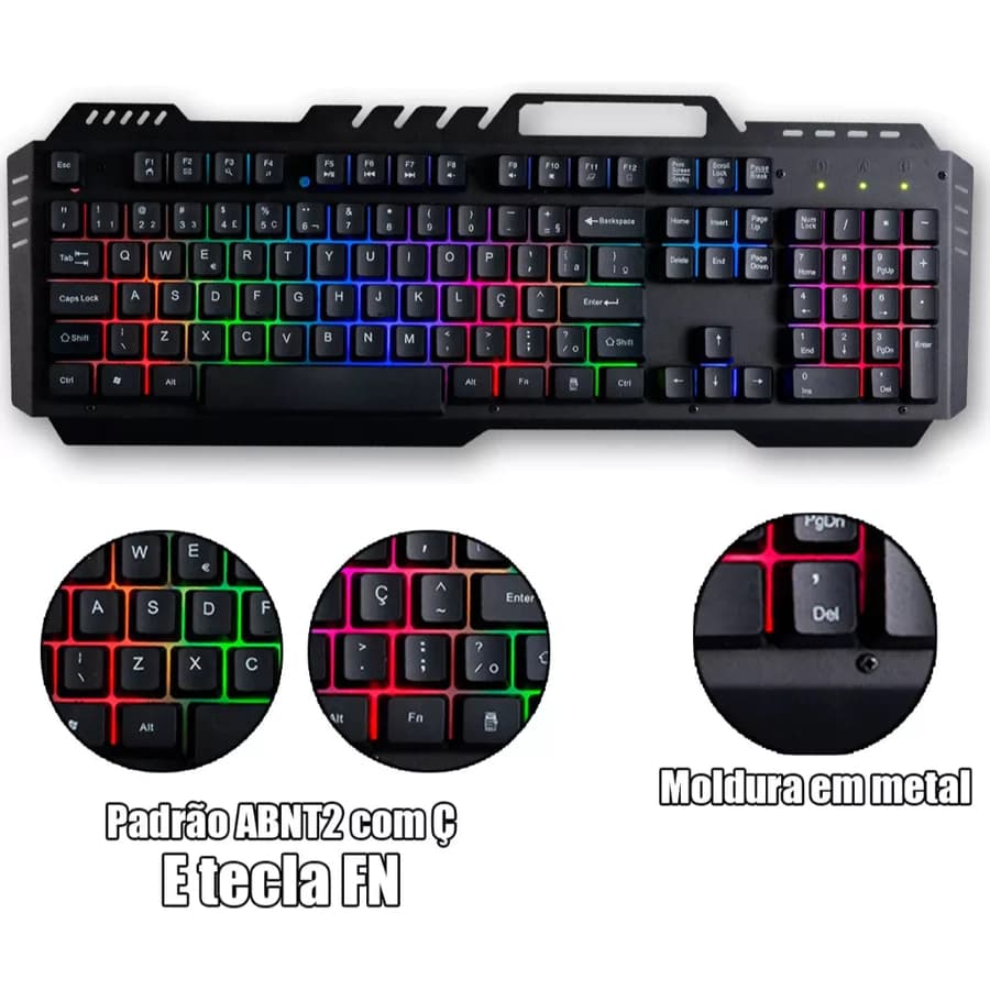 Teclado Gamer Semi Mecânico Metal Usb Luminoso Antigosting B-MAX Teclado Semi Mecanico color Rainbow