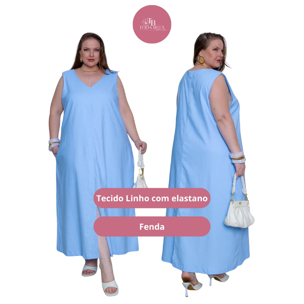Vestido Feminino Longo Regata com alça GROSSA Elegante em tecido Linho Plus Size.