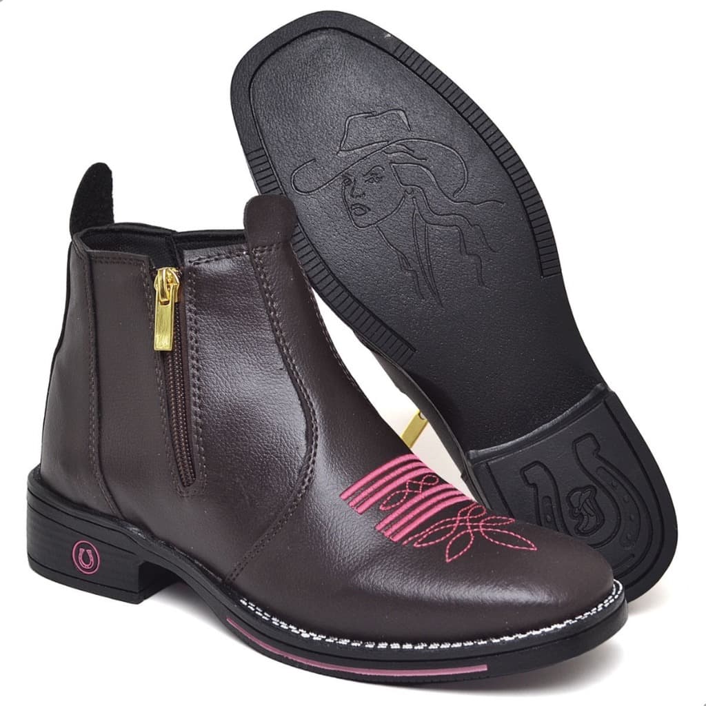 Botina Feminina Country com Bordado Rosa Zíper Lateral Bota Confortável