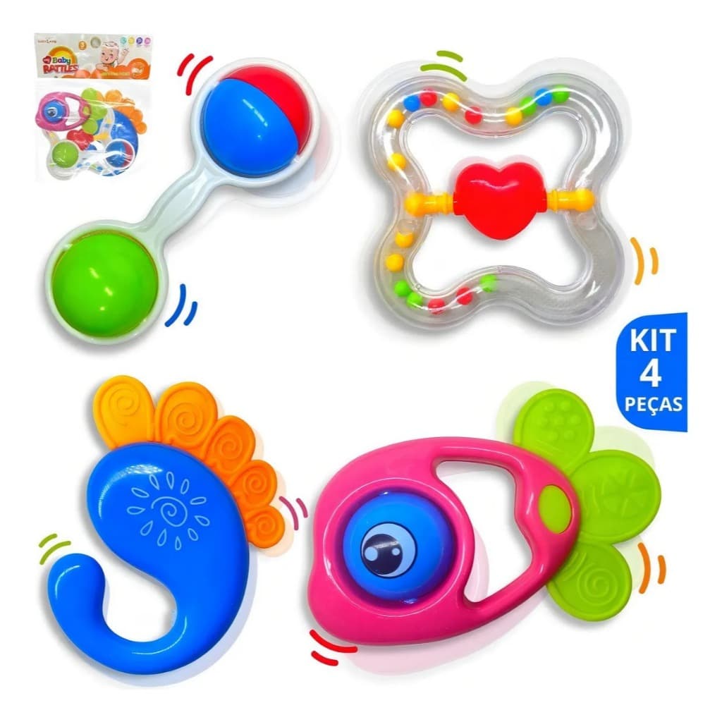 Kit Brinquedos Para Bebê Nene Criança Chocalho + Mordedor Macio Colorido Infantil