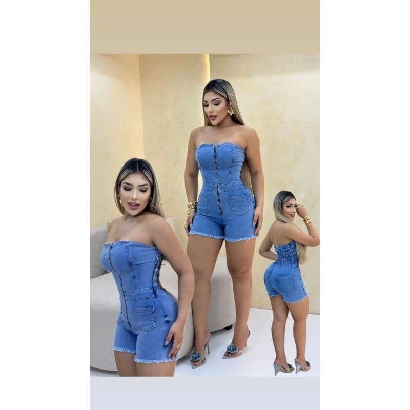 Macacão Tomara Que Caia Jeans Feminino Curto Florescer Laycra