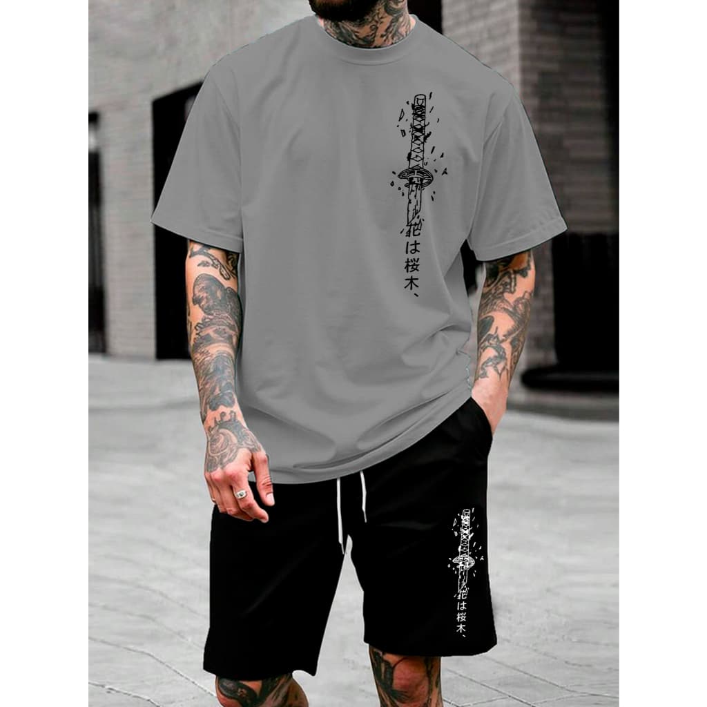 Conjunto Camisa Camiseta Com Bermuda Tactel Masculino Estampa Katana Samurai