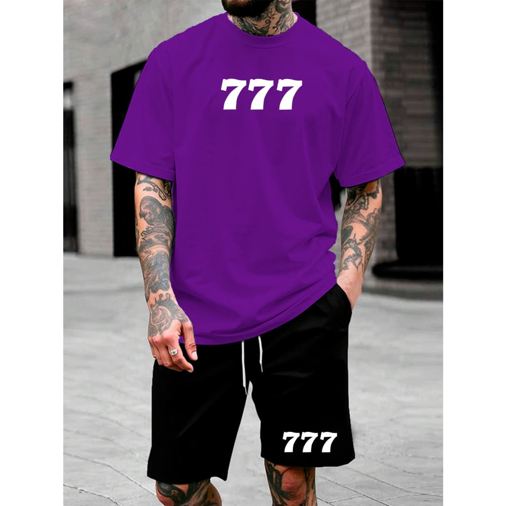 Conjunto Camiseta e Short Streetwear Kit 777 Sorte Camisa de Algodão 26.1 Premium