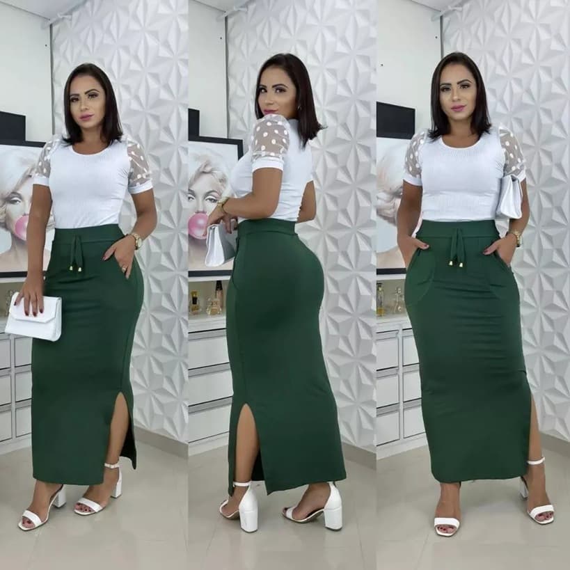 Saia Longa com Fenda e Bolso Elegante Feminina Premium Evangélica Social Casual