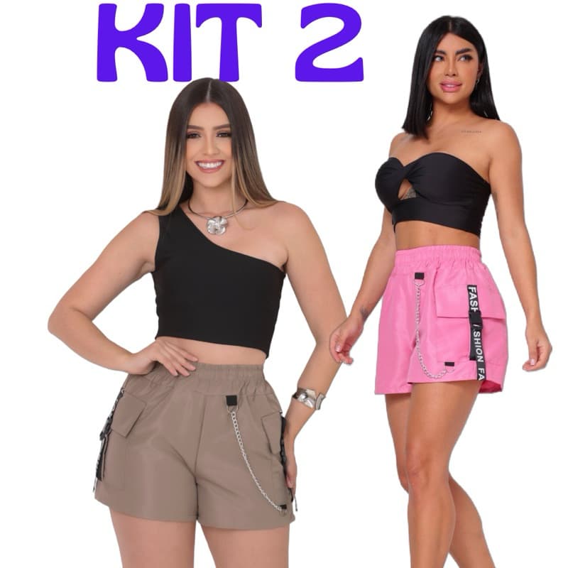 Kit 2 Shorts Cargo Feminino Tactel com Bolsos e Corrente – Moda Casual e Estilo Streetwear Entrega Imediata