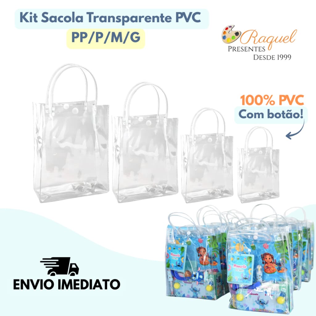 10 Bolsa Sacola Para Lembrancinha Presente PVC Transparente Com Alça Transparente