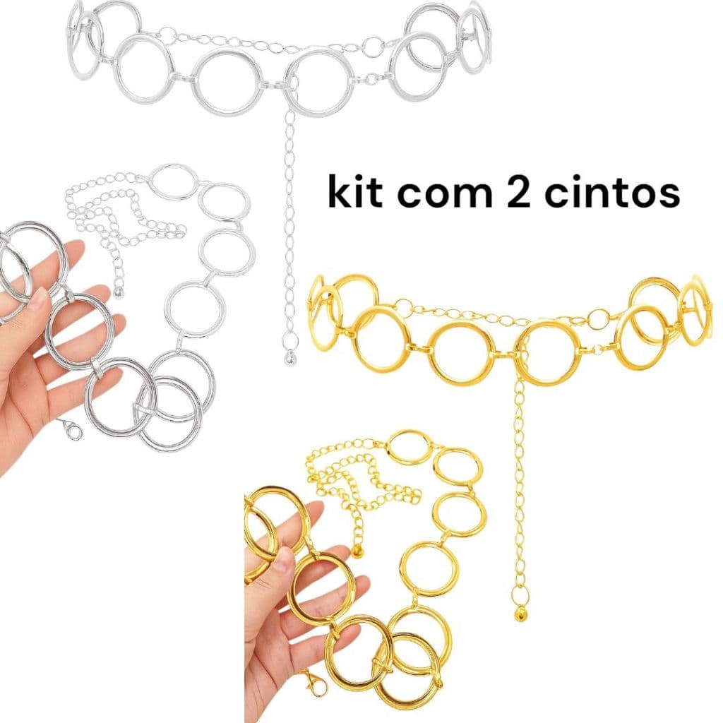 Kit 2 Cintos Argola Corrente Cintura Moda Feminina Tendencia Versátil Prateados e Dourados Premium Feminino
