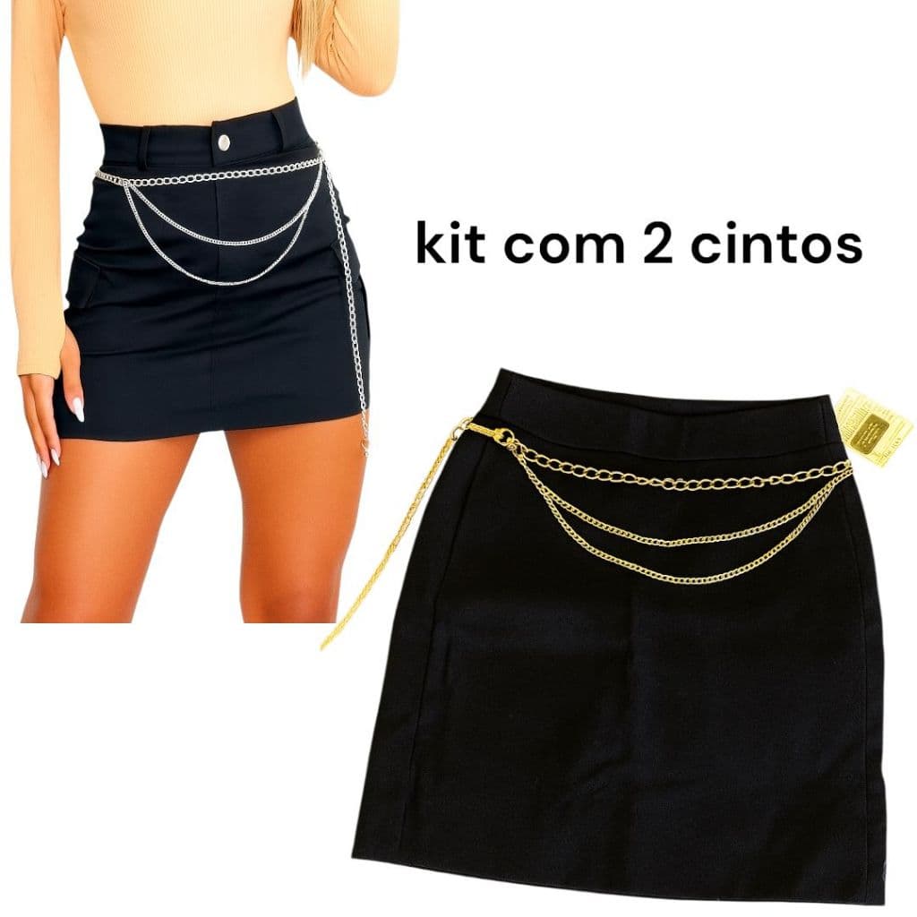Kit 2 cintos de corrente fina argola elegante feminina tendencia blogueira versátil moda feminino