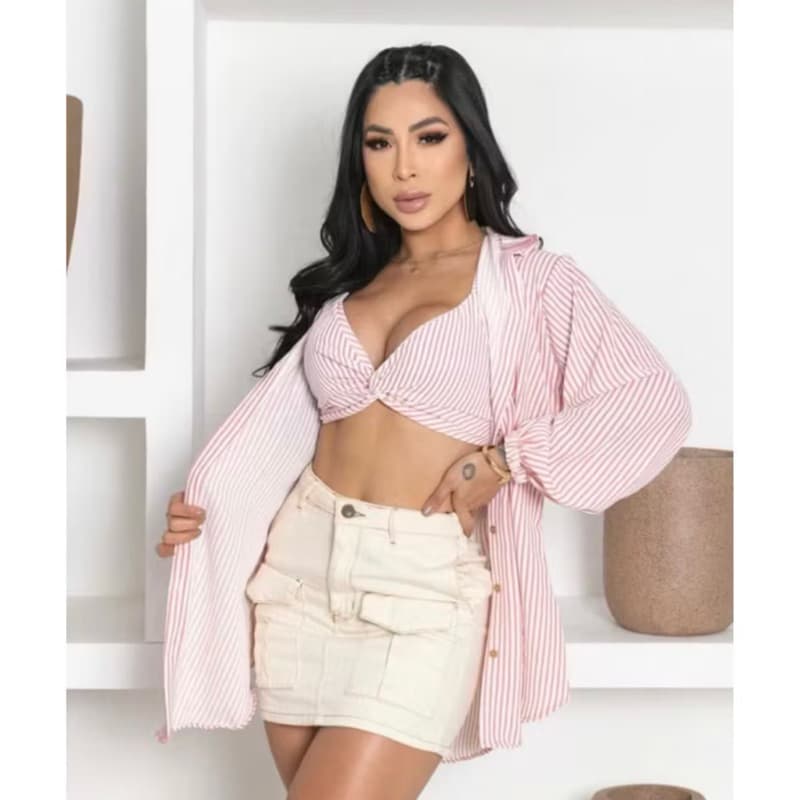 Conjunto Cropped e chamise camisa kimono listrada 2 peças moda feminina modinha