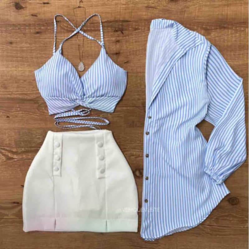 Conjunto Cropped + Camisa listrada feminino moda verão