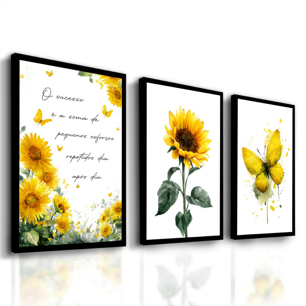 Quadros Decorativos Girassol Borboletas Motivacional Sucesso Delicado Sala Cozinha Quarto Hall de Entrada