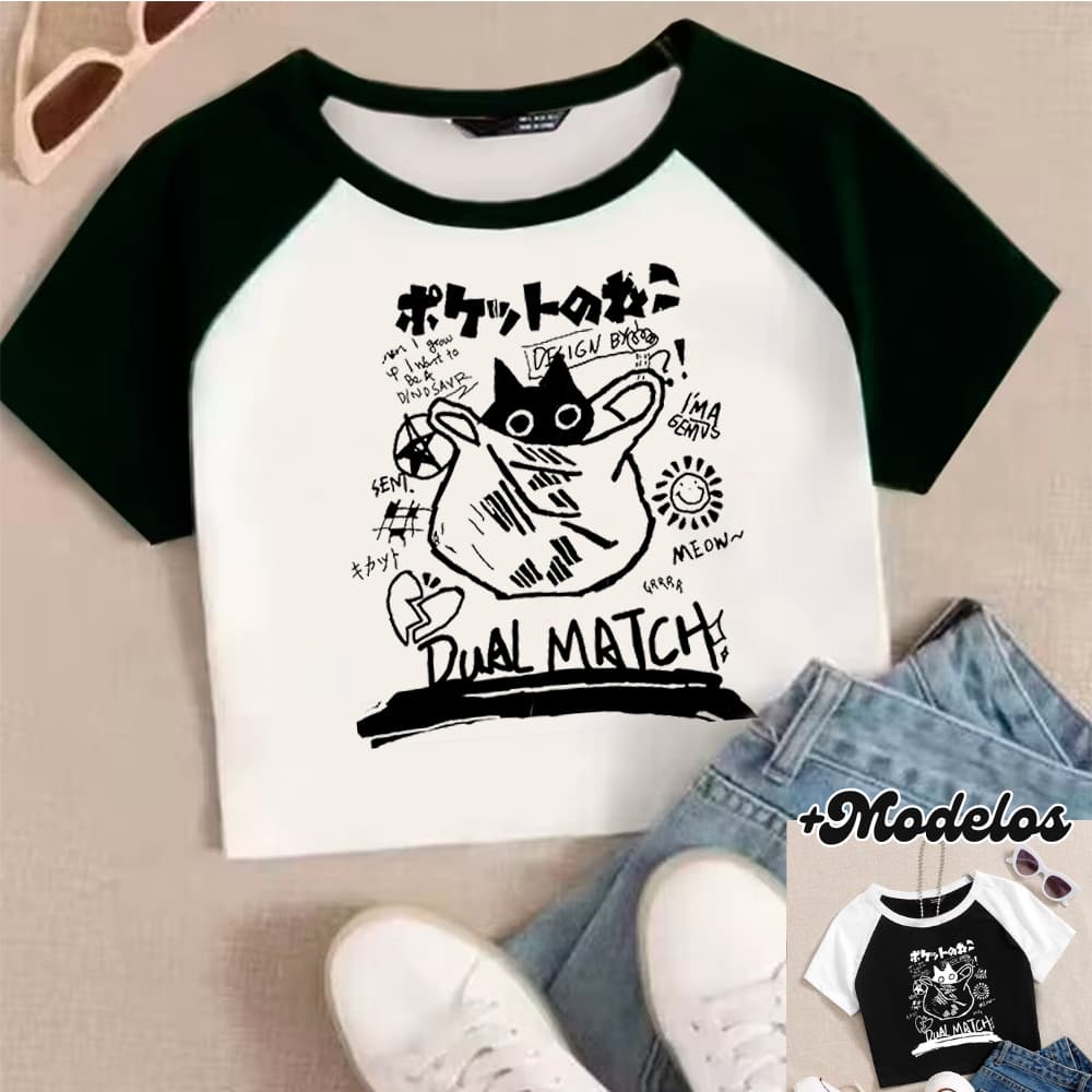 Cropped RAGLAN, Modelo GATO SACOLA KAWAII - Moda Alternativa Y2K Blogueira Grunge Punk Streetwear