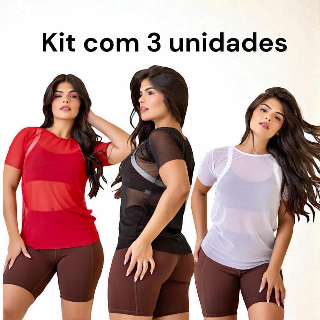kit com 3 Blusas Femininas Transparente de tule manga curta Camiseta Academia Treino Fitness Musculação