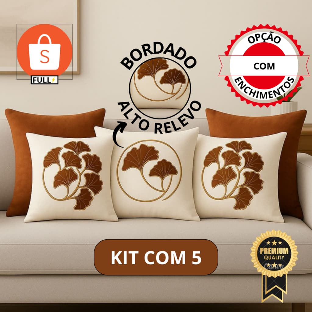 Kit 5 Almofadas Terracota Boho Chic com Folhagem Ginkgo • Decoração Sala Luxo