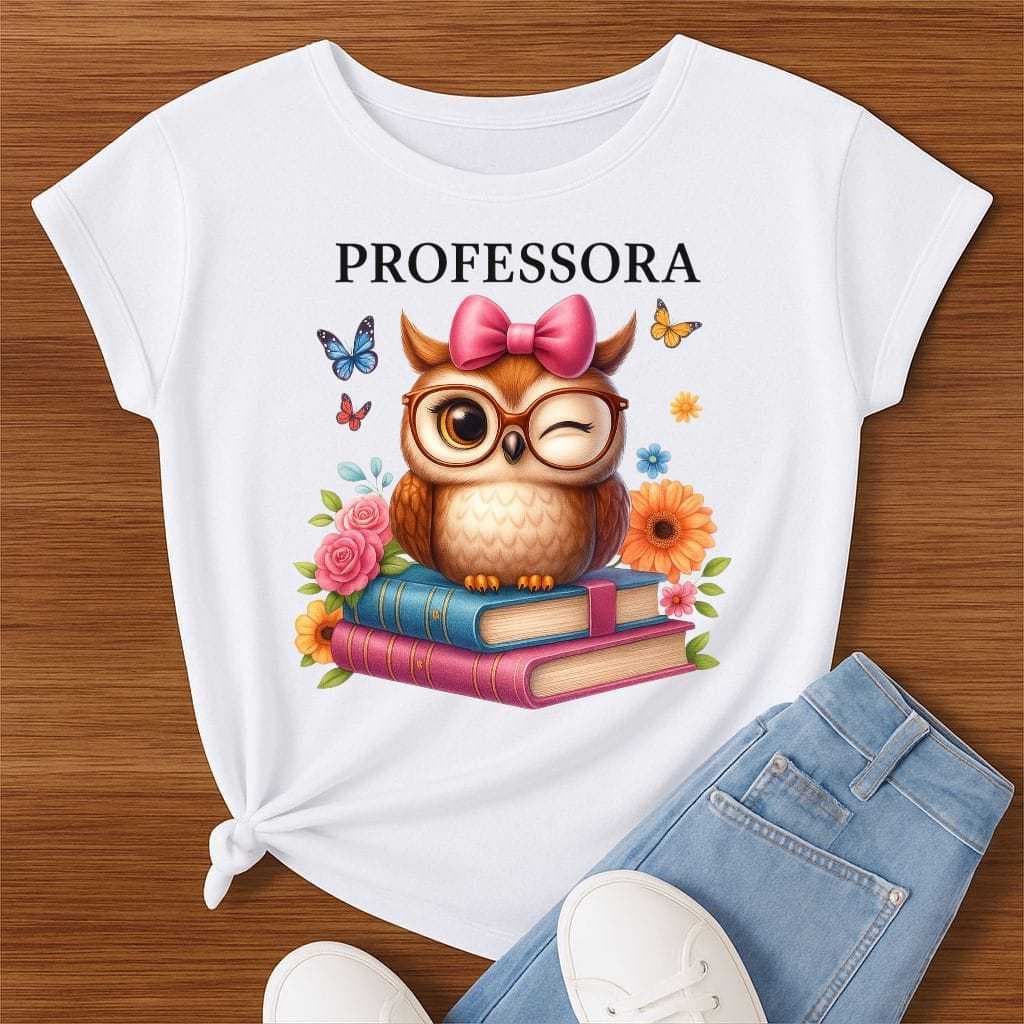 Camiseta Professora Feminina Estampa Coruja Fofa com Livros – Presente Criativo Educadora