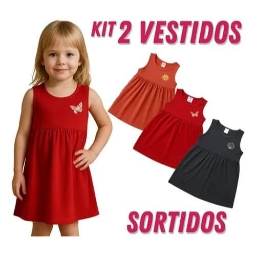 Kit 2 Vestidos Infantis Lisa Menina Algodão Confortável Fofo