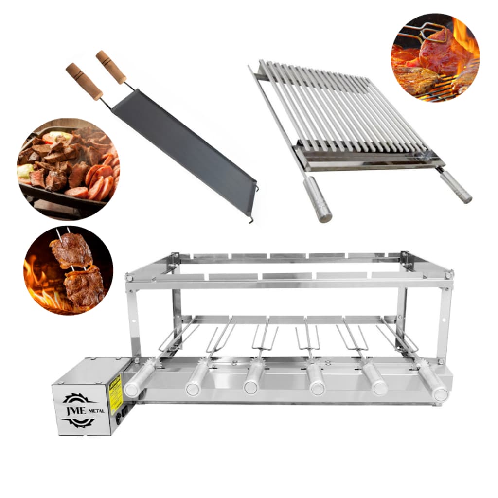 Grill churrasqueira 100% Inox 6 Espetos + Grelhas Argentina + Bifeteira