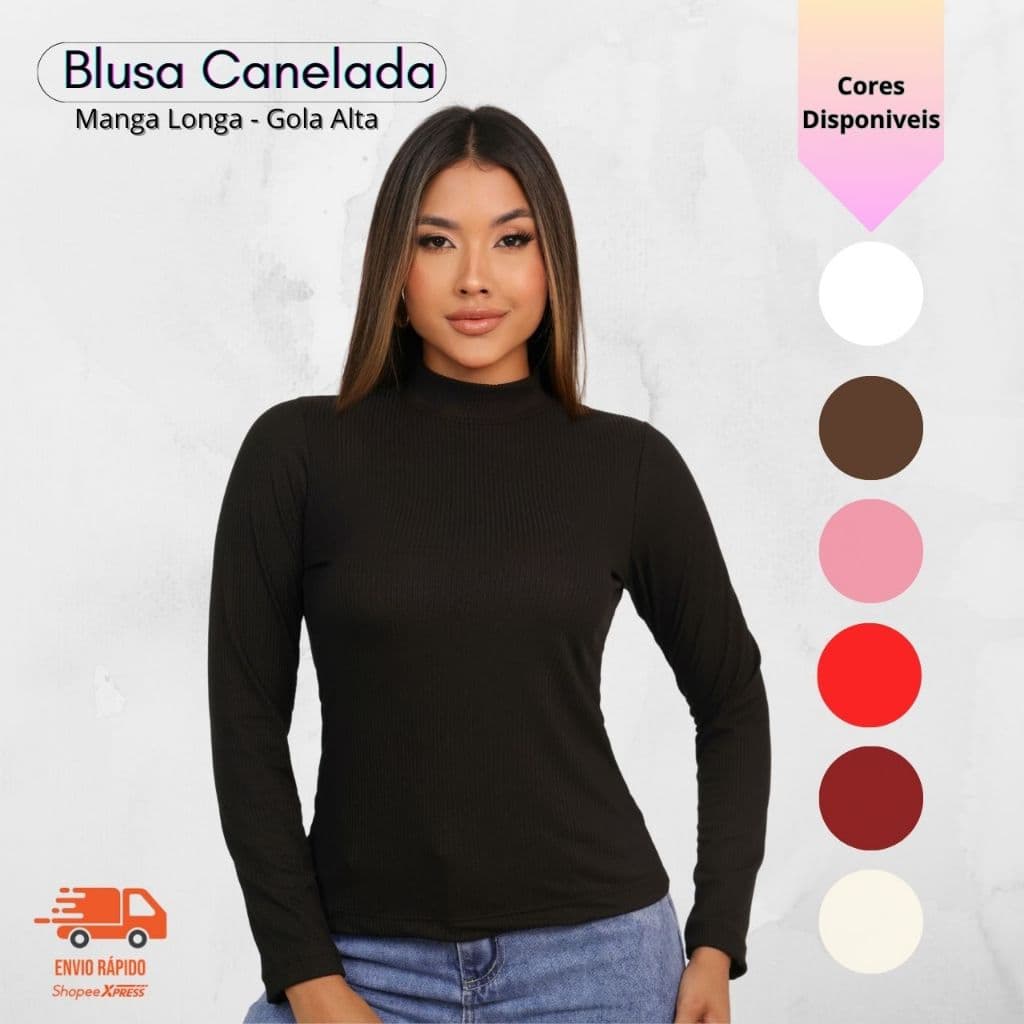 Blusa Feminina Canelada Cacharrel Gola Alta Manga Comprida Longa Segunda Pele Básica Moda Outono Inverno Frio