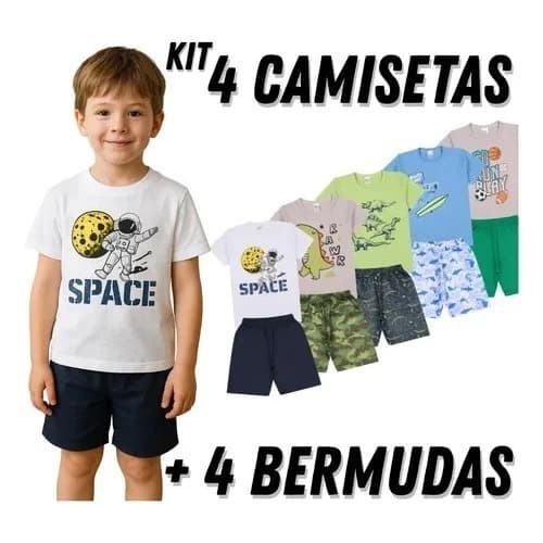 KIT 8 PEÇAS SORTIDAS - 4 CONJUNTOS DE MENINO- VERÃO PREMIUM 100% ALGODÃO