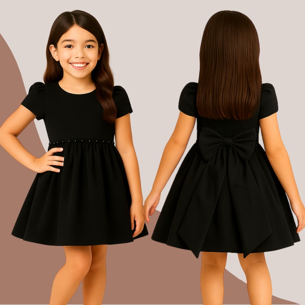 Vestido Infantil Preto Clássico com Cinto de Pérolas