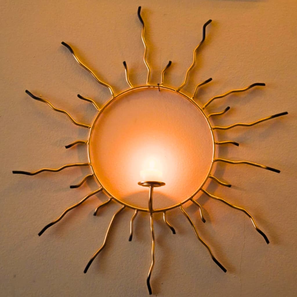 Porta-Vela de Parede Sol Artesanal - Ferro Dourado, Design Exclusivo 47x49cm Vela 7 DIAS