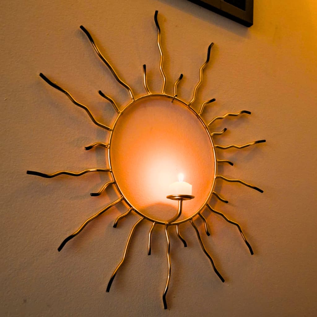Porta-Vela Sol de Parede em Ferro Dourado 46x48cm – Suporte para Vela 7 Dias Artesanal Decoração Sala Luxo