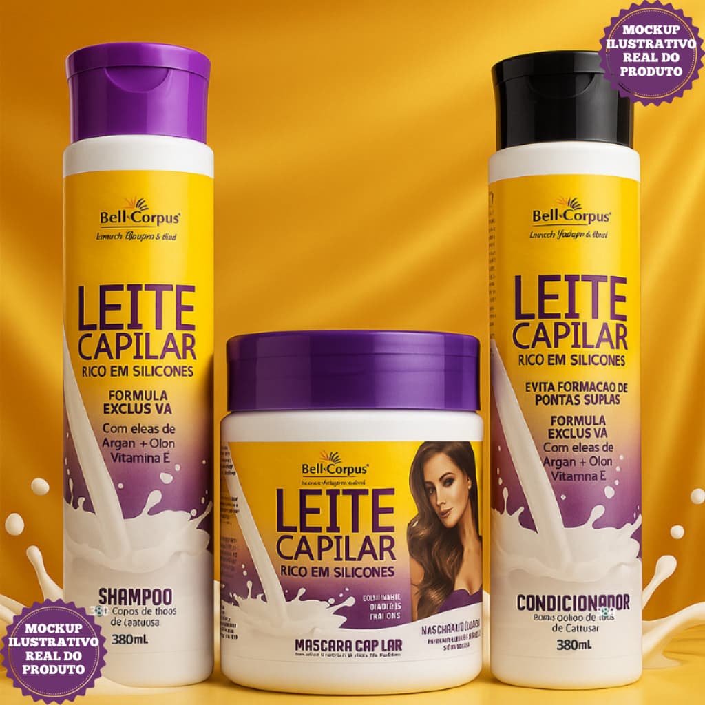 Kit Leite Siliconizado Sampoo e Condicionador e Máscara BellCorpus 3 Itens Argan Ojon Vitamina E