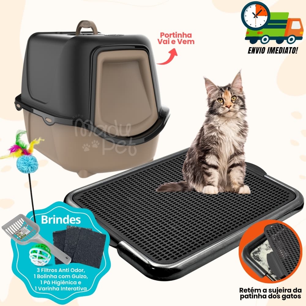 Caixa de Areia para Gatos Fechada Sanitário + Tapete Coletor C/ Pá e Filtro Anti Odor Promoção