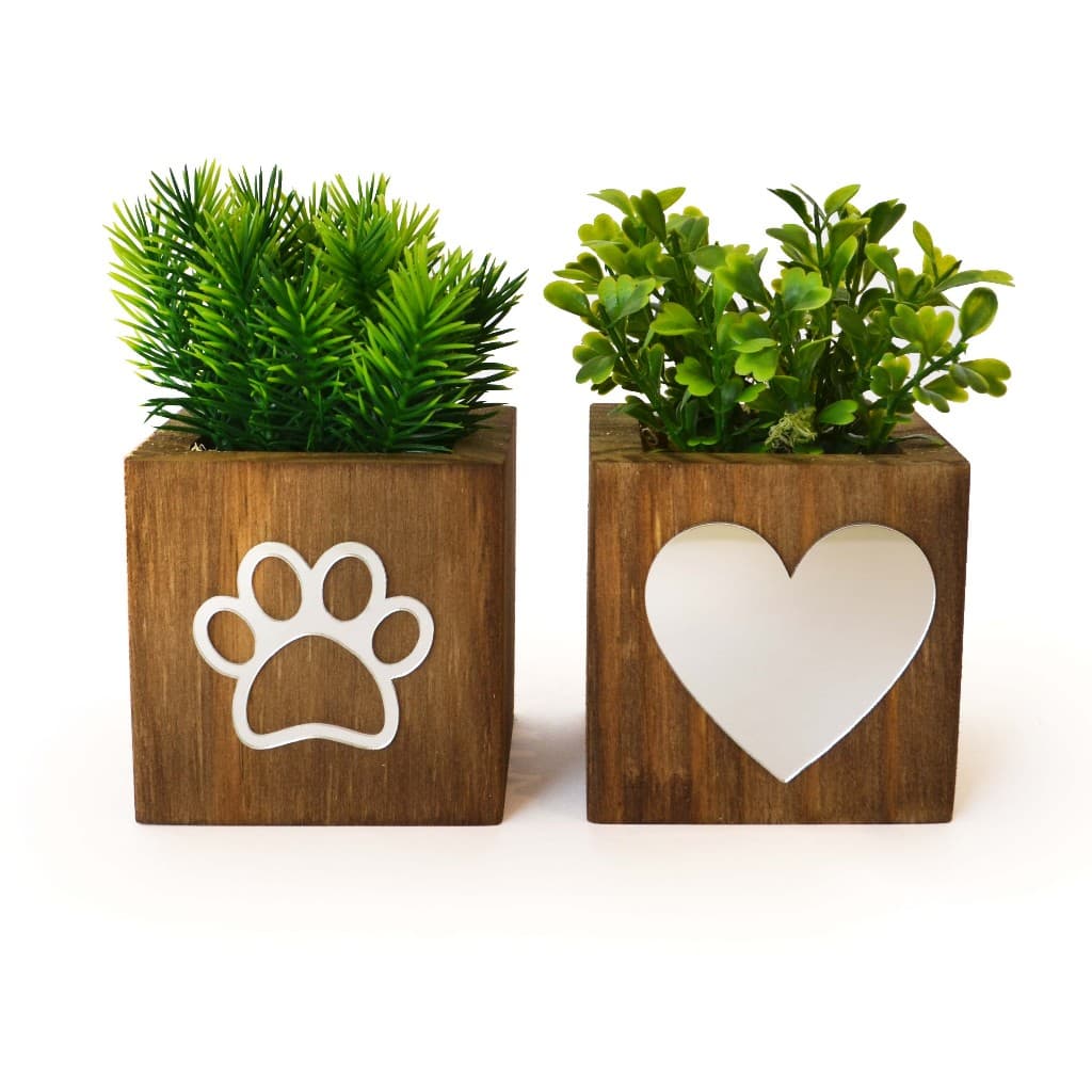 Kit 2 Vasinhos com Plantas Artificiais com Patinha de Cachorro Gato Espelhado - Decoração Pet