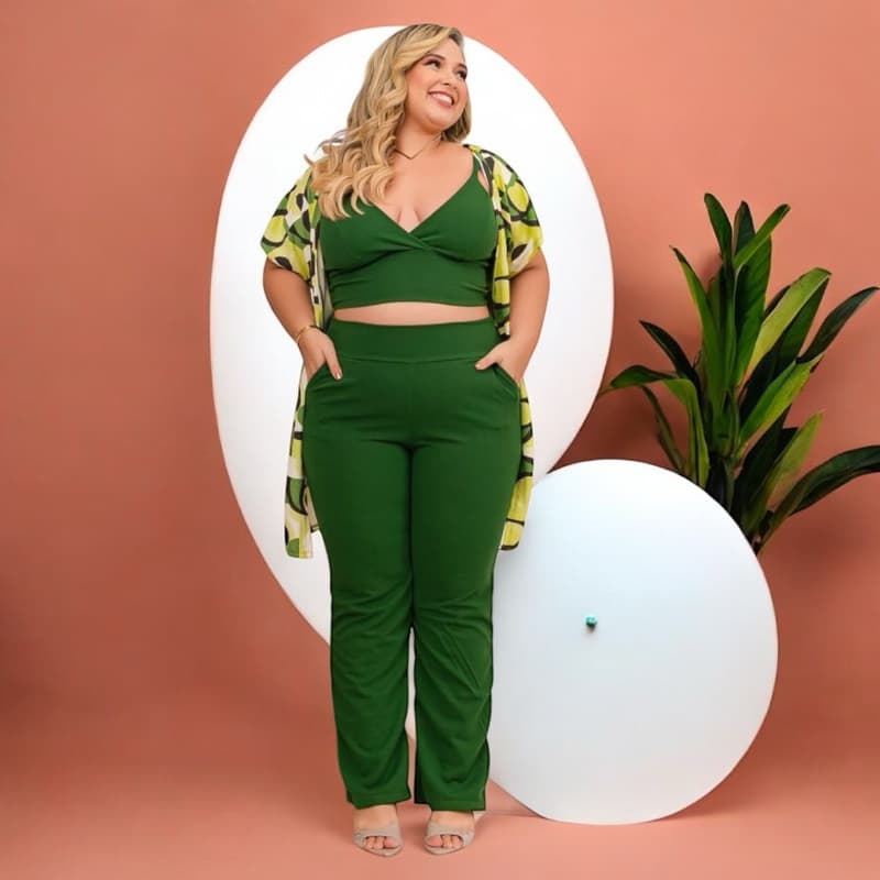 Conjunto Feminino 3 Peças Plus Size | Calça, Top, e Cardigã (Tamanhos 46 ao 52)