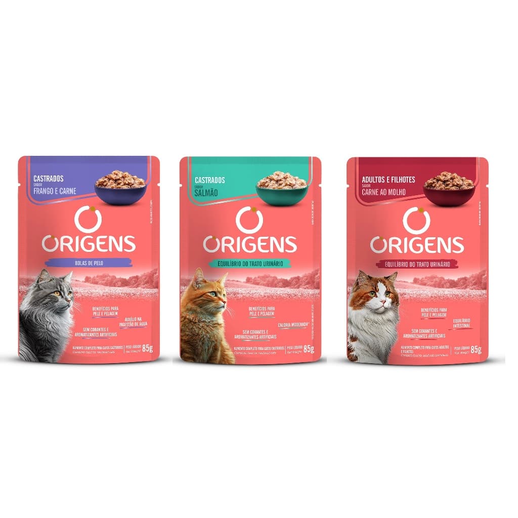 Kit 12un Sachê Origens gato 85g Sabor Misto (Carne, Frango&Carne Cast, Salmão Cast)