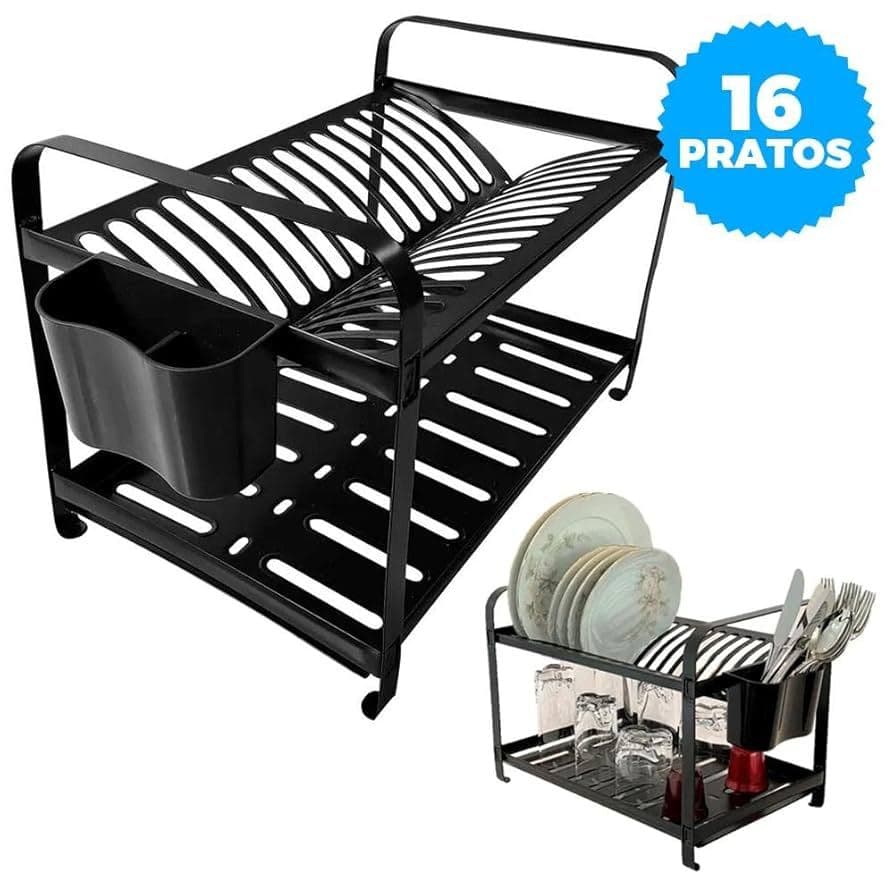 Escorredor Aço Inox Epóxi Preto 16 Pratos Com Porta Talher