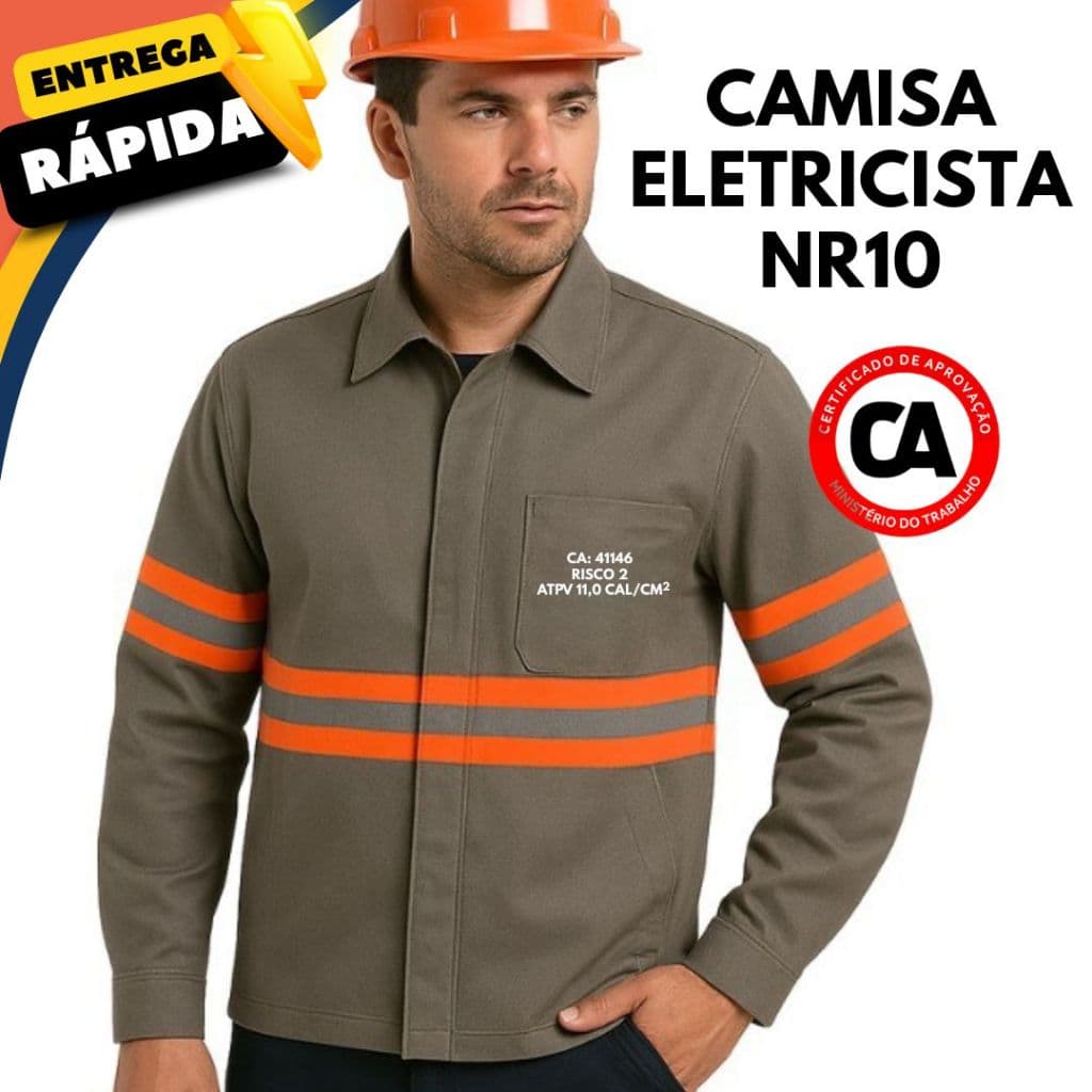 Camisa NR10 Cinza com Refletivo Laranja Eletricista com CA Profissional