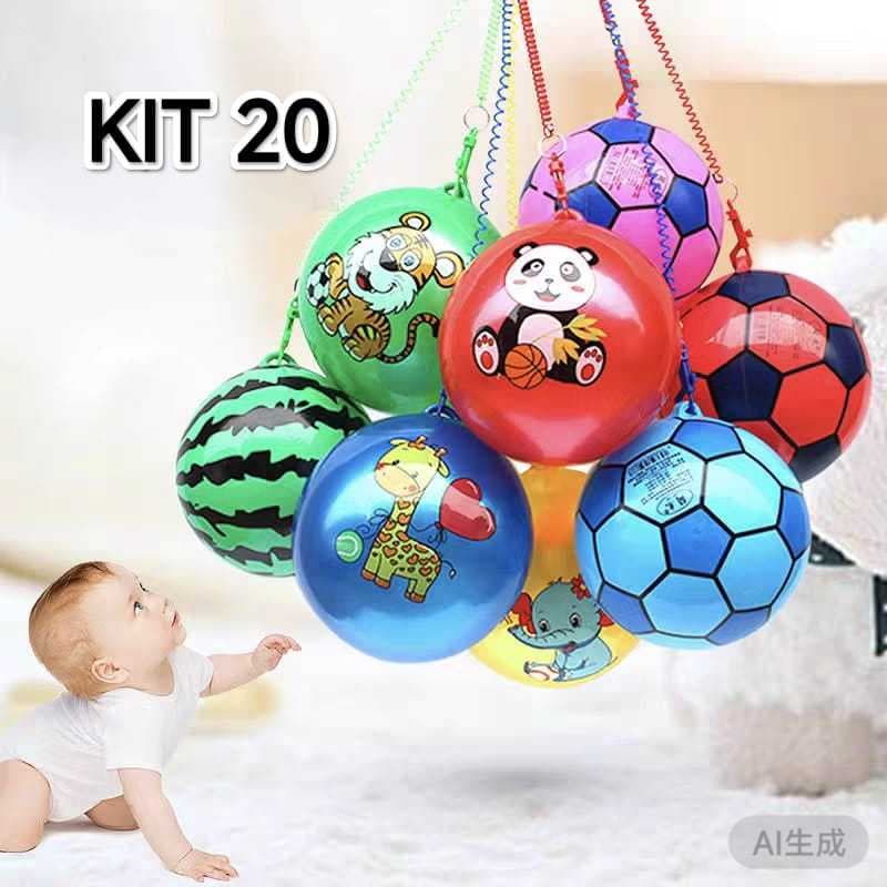 Kit 20 Bolas de Vinil Borracha Poing Poing com Cordao Mola Lembrancinha Infantil