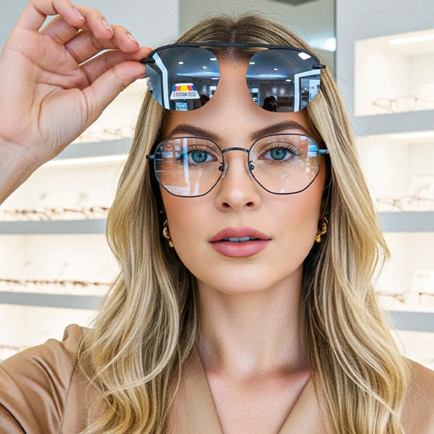 Armação de óculos hexagonal clip on 2 em 1 lente polarizada com fixação magnetica em metal feminino