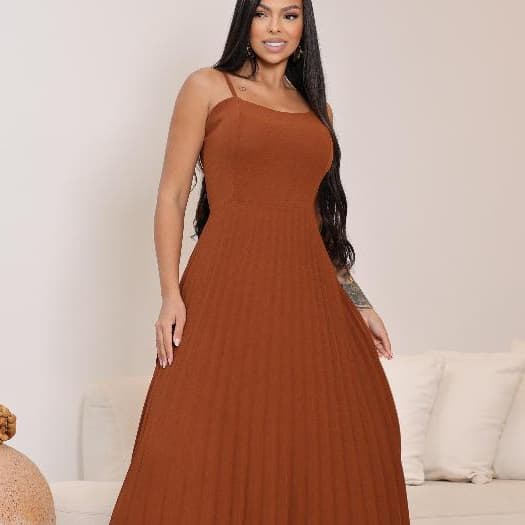 Vestido Feminino Plisado Alças Regulável Forrado Com Bojo Tecido Duna
