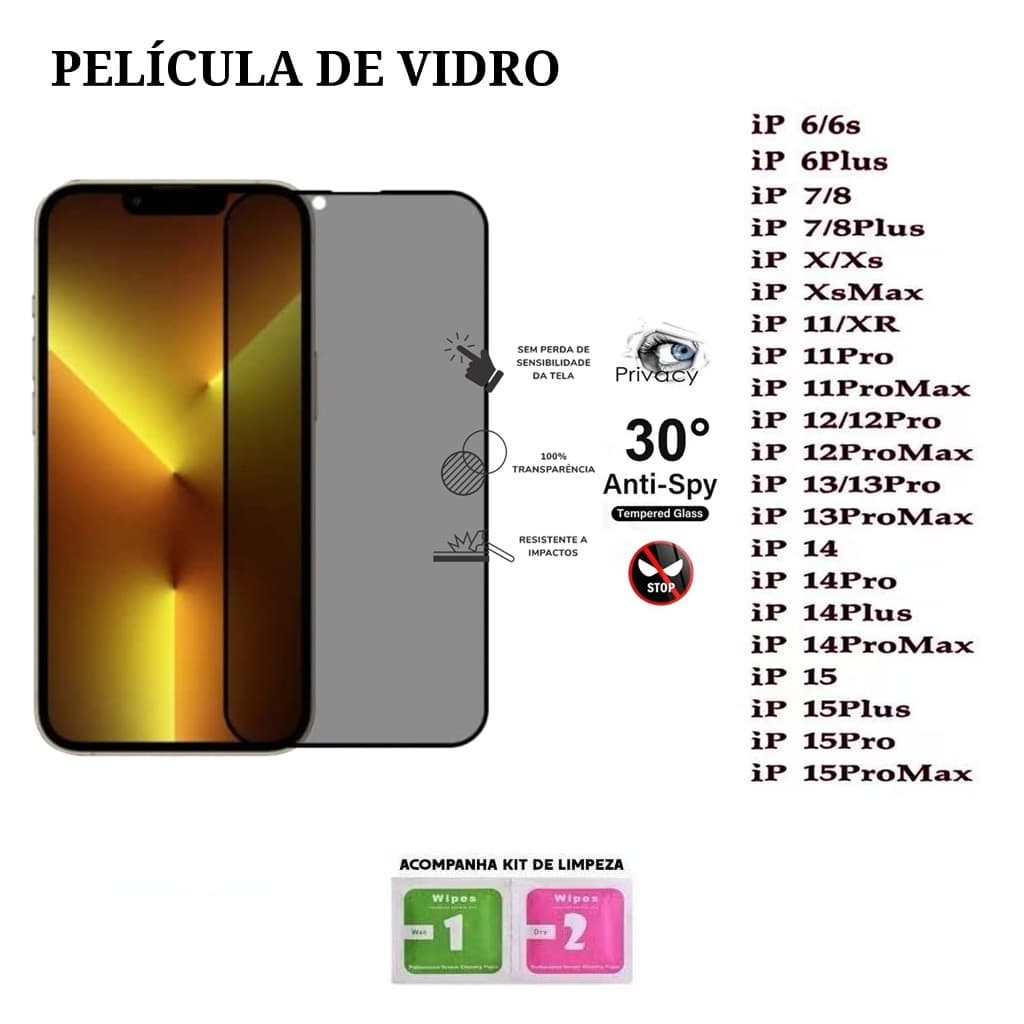 Película De Privacidade 3D Vidro Temperado Anti-Spy Para  Iphone 6, 7, 8, XR, 11, 12, 13, 14, 15,16,16E