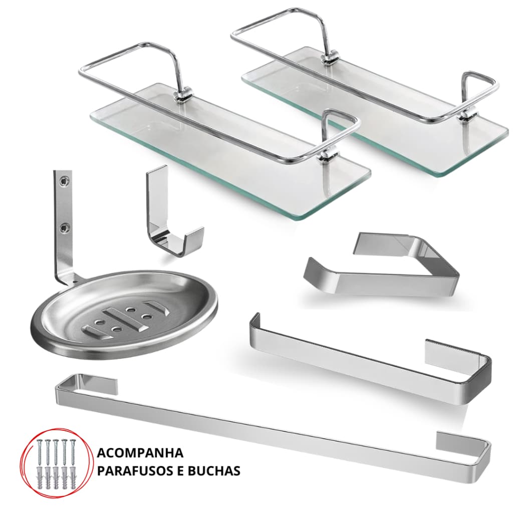 Kit Acessórios Quadrado Banheiro Inox Cromado +  2 Porta Shampoo Prateleira Vidro Incolor Organizador Box