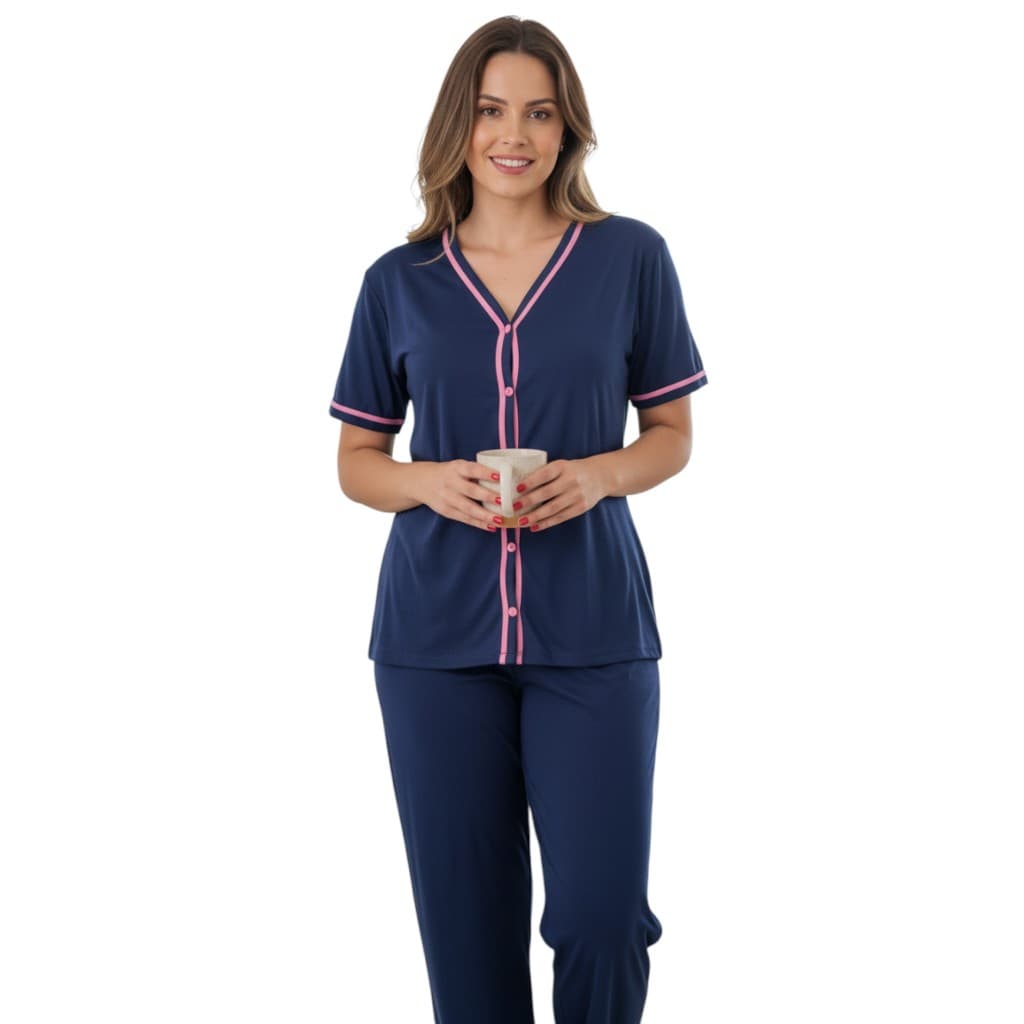 Pijama Feminino Longo Amamentação com botões em Malha / pos parto / cirurgico