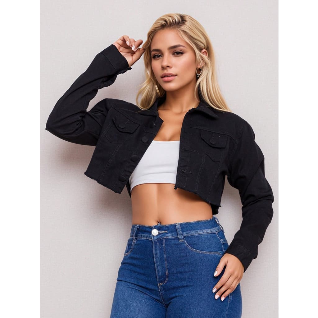 Jaqueta Feminina jeans cropped BOTAO FORRO COLORIDO MODA