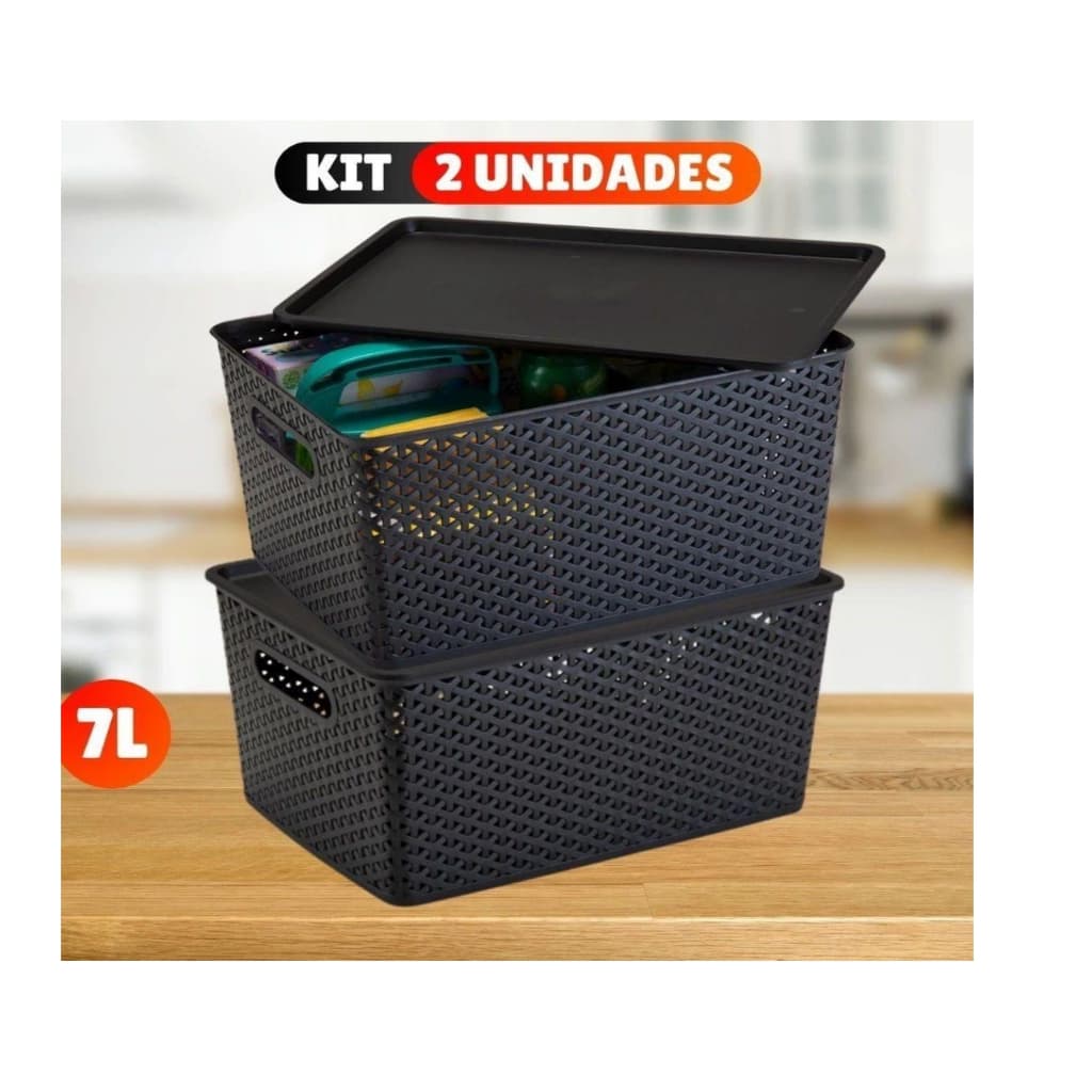 Kit Com 2 Cesto Caixa Organizadora Rattan Com Tampa 7 Litros