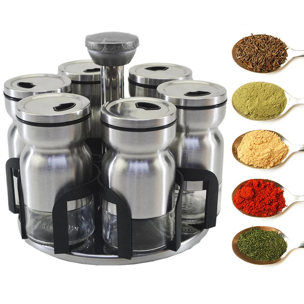 Porta Condimentos Giratório com 6 Peças – Aço Inox e Vidro para Cozinha