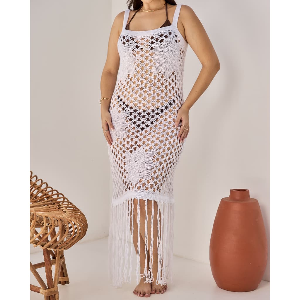 Saída De Praia Vestido Feminino  Tricot Renda Artesanal Roupa Feminina Verão Charmosa Estilosa