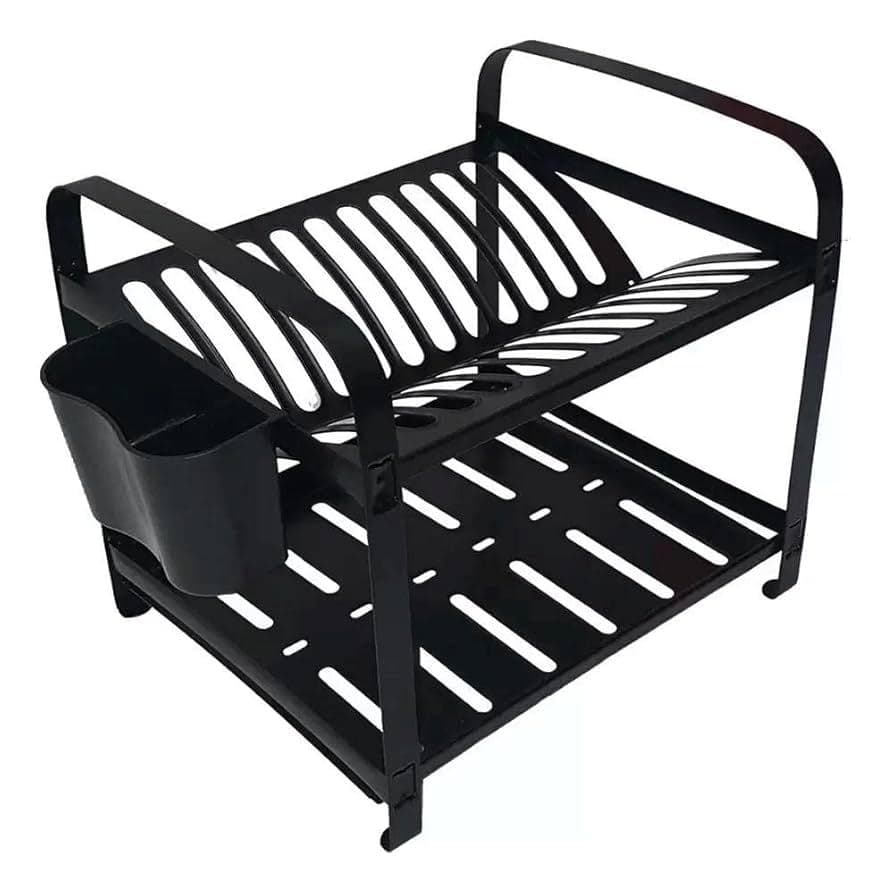 Escorredor Aço Inox Epóxi Preto 12 Pratos Com Porta Talher - Dinox
